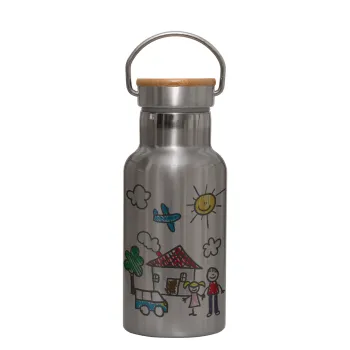 Children's drawing, Stainless steel metallic thermos flask, silver with a bamboo lid, double-walled, 350ml.