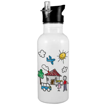 Children's drawing, White water bottle with straw, stainless steel 600ml