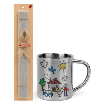Children's drawing, Easter Set, metallic thermal cup (300ml) & Easter aromatic flat candle (30cm) (GRAY)