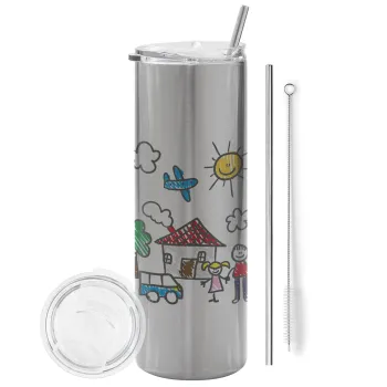 Children's drawing, Tumbler stainless steel Silver 600ml, with metal straw & cleaning brush