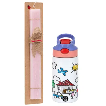 Children's drawing, Easter Set, Children's thermal stainless steel water bottle with safety straw, pink/purple (350ml) & Easter scented flat candle (30cm) (PINK)