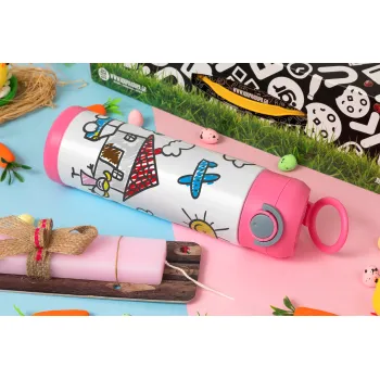 Παιδική ζωγραφιά, Πασχαλινή Λαμπάδα με Παιδικό παγούρι θερμό, ανοξείδωτο, με καλαμάκι ασφαλείας, ΡΟΖ (500ml)