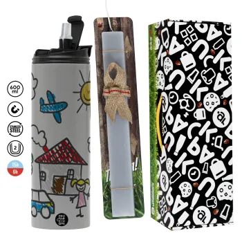 Παιδική ζωγραφιά, Πασχαλινή Λαμπάδα με Travel Tumbler θερμό (600ml, BPA free) & κερί αρωματικό πλακέ (30cm) (ΓΚΡΙ)