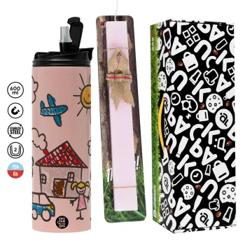 Παιδική ζωγραφιά, Πασχαλινή Λαμπάδα με  ΡΟΖ Travel Tumbler θερμό (600ml, BPA free) & κερί αρωματικό πλακέ (30cm) (ΡΟΖ)