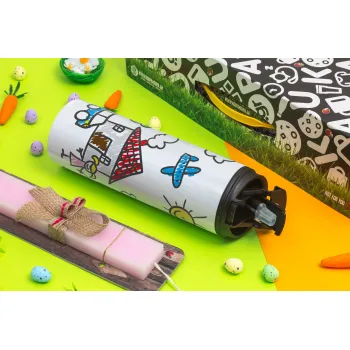 Παιδική ζωγραφιά, Πασχαλινή Λαμπάδα με Travel Tumbler θερμό με διπλό καπάκι (600ml, BPA free) & κερί αρωματικό πλακέ (30cm) (ΡΟΖ)