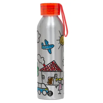 Παιδική ζωγραφιά, Αλουμινένιο Αθλητικό Μπουκάλι 650ml – Ασημί με Κόκκινο Καπάκι και Λουράκι Σιλικόνης