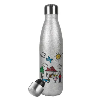 Children's drawing, Metallic Glitter Silver Thermos Flask (Stainless steel), double-walled, 500ml