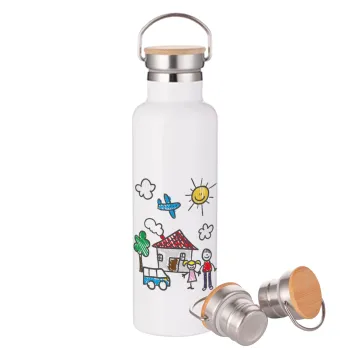 Children's drawing, Stainless steel White with wooden lid (bamboo), double wall, 750ml