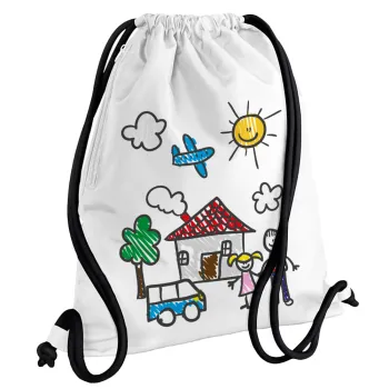 Παιδική ζωγραφιά, Τσάντα πλάτης πουγκί GYMBAG λευκή, με τσέπη (40x48cm) & χονδρά κορδόνια