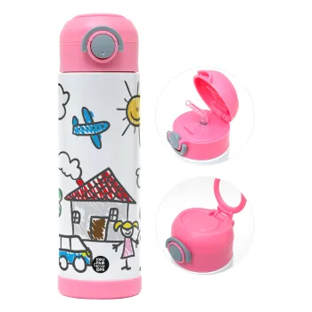 Children's drawing, Children's hot water bottle, stainless steel, with safety straw, PINK (500ml)