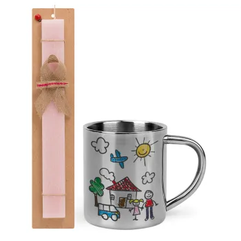Children's drawing, Easter Set, metallic thermal cup (300ml) & aromatic flat Easter candle (30cm) (PINK)