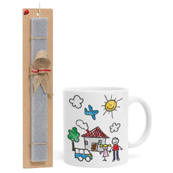 Children's drawing, Easter Set, Ceramic Cup (330ml) & Easter aromatic flat candle (30cm) (GRAY)