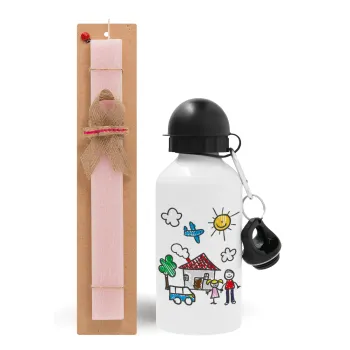 Children's drawing, Easter Set, metallic aluminum bottle (500ml) & aromatic flat Easter candle (30cm) (PINK)
