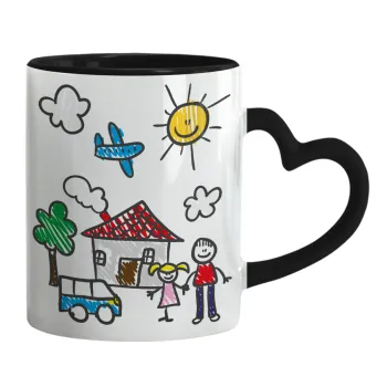 Children's drawing, Mug heart black handle, ceramic, 330ml