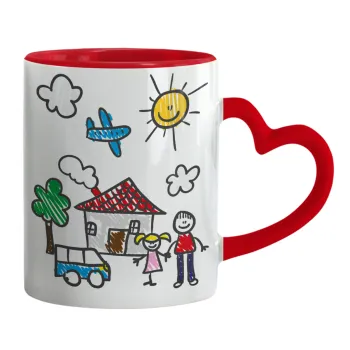 Children's drawing, Mug heart red handle, ceramic, 330ml
