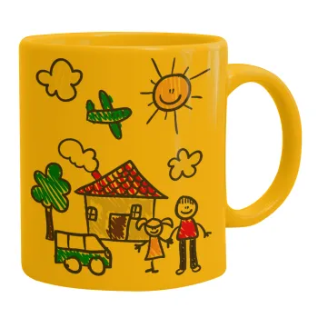 Children's drawing, Ceramic coffee mug yellow, 330ml