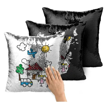 Παιδική ζωγραφιά, Μαξιλάρι καναπέ Μαγικό Μαύρο με πούλιες 40x40cm περιέχεται το γέμισμα