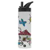 Metallic thermos bottle with straw & handle, stainless steel (Stainless steel 304), double-walled, 600ml.