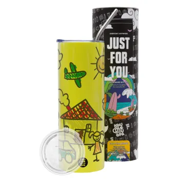 Παιδική ζωγραφιά, Neon Yellow Travel Tumbler θερμό, μεταλλικό καλαμάκι(Ανωξείδωτο 304 Food grade, BPA free, 600ml)