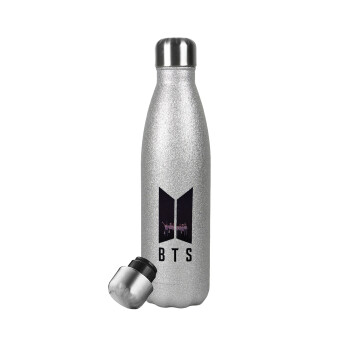 BTS, Μεταλλικό παγούρι θερμός Glitter Aσημένιο (Stainless steel), διπλού τοιχώματος, 500ml