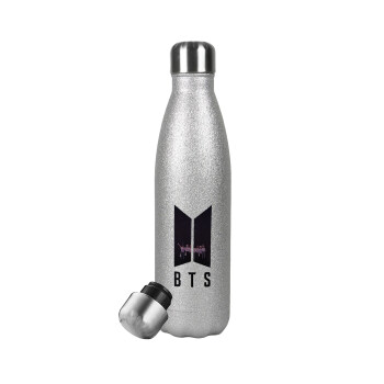 BTS, Μεταλλικό παγούρι θερμός Glitter Aσημένιο (Stainless steel), διπλού τοιχώματος, 500ml