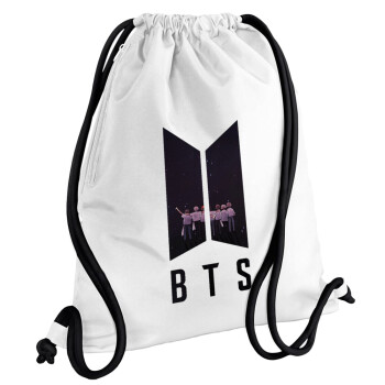 BTS, Τσάντα πλάτης πουγκί GYMBAG λευκή, με τσέπη (40x48cm) & χονδρά κορδόνια
