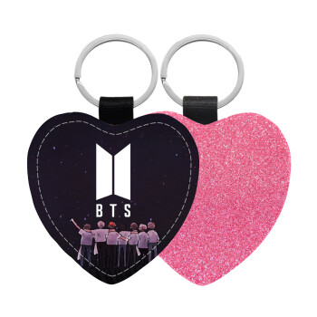 BTS, Μπρελόκ PU δερμάτινο glitter καρδιά ΡΟΖ