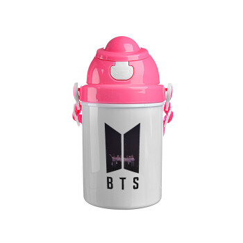 BTS, Ροζ παιδικό παγούρι πλαστικό (BPA-FREE) με καπάκι ασφαλείας, κορδόνι και καλαμάκι, 400ml