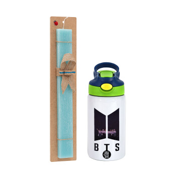 BTS, Easter Set, Children's thermal stainless steel bottle with safety straw, green/blue (350ml) & aromatic flat Easter candle (30cm) (TURQUOISE)