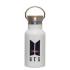 Metallic thermos (Stainless steel) White with wooden lid (bamboo), double-walled, 350ml