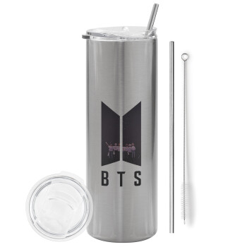 BTS, Tumbler ποτήρι θερμό Ασημένιο από ανοξείδωτο ατσάλι 600ml, με μεταλλικό καλαμάκι & βούρτσα καθαρισμού