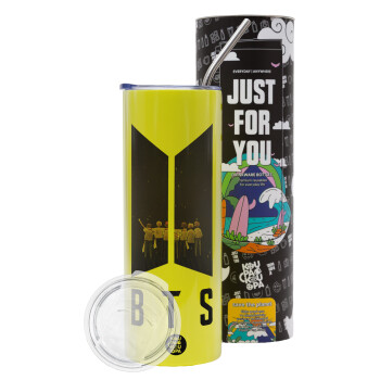 BTS, Neon Yellow Travel Tumbler θερμό, μεταλλικό καλαμάκι(Ανωξείδωτο 304 Food grade, BPA free, 600ml)