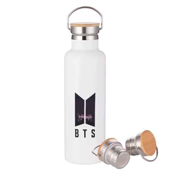 BTS — Μεταλλικό παγούρι θερμός (Stainless steel) Λευκό με ξύλινο καπάκι (bamboo), διπλού τοιχώματος, 750ml