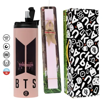 BTS, Easter candle,Travel Tumbler 2 Lids, with metal straw & cleaning brush & aromatic flat candle (30cm) (PINK)