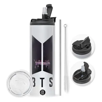 BTS, Travel Tumbler θερμό με διπλό καπάκι, μεταλλικό καλαμάκι και βούρτσα καθαρισμού (Ανωξείδωτο 304 Food grade, BPA free, 600ml)