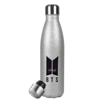 BTS, Μεταλλικό παγούρι θερμός Glitter Aσημένιο (Stainless steel), διπλού τοιχώματος, 500ml