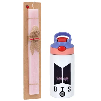 BTS, Easter Set, Children's thermal stainless steel water bottle with safety straw, pink/purple (350ml) & Easter scented flat candle (30cm) (PINK)