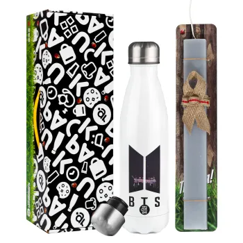 BTS, Πασχαλινή Λαμπάδα με μεταλλικό παγούρι θερμός λευκός (500ml) & λαμπάδα αρωματική πλακέ (30cm) (ΓΚΡΙ)