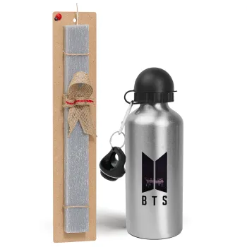 BTS, Easter Set, metallic silver aluminum water bottle (500ml) & aromatic flat Easter candle (30cm) (GRAY)