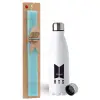 Easter Set, metallic stainless steel water bottle (750ml) & aromatic flat Easter candle (30cm) (TURQUOISE)