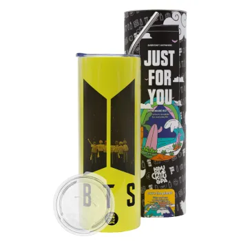 BTS, Neon Yellow Travel Tumbler θερμό, μεταλλικό καλαμάκι(Ανωξείδωτο 304 Food grade, BPA free, 600ml)