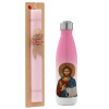 Easter Set, Metallic pink/white (Stainless steel) thermos, double-walled, 500ml & aromatic flat Easter candle (30cm) (PINK)