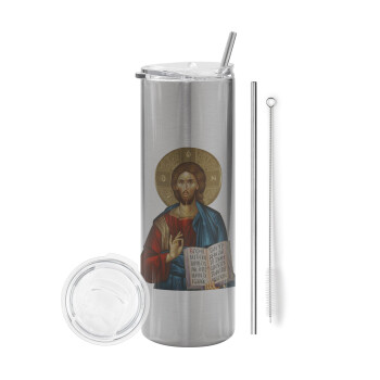 Ιησούς, Eco friendly ποτήρι θερμό Ασημένιο (tumbler) από ανοξείδωτο ατσάλι 600ml, με μεταλλικό καλαμάκι & βούρτσα καθαρισμού