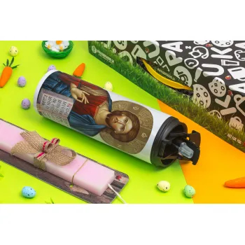 Jesus, Easter candle,Travel Tumbler 2 Lids, with metal straw & cleaning brush & aromatic flat candle (30cm) (PINK)