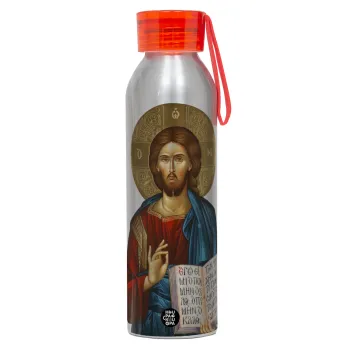 Ιησούς, Αλουμινένιο Αθλητικό Μπουκάλι 650ml – Ασημί με Κόκκινο Καπάκι και Λουράκι Σιλικόνης