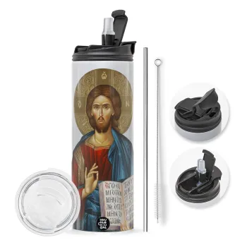 Jesus, Travel Tumbler 2 Lids, with metal straw & cleaning brush (Stainless steel 304 Food grade, BPA free, 600ml)