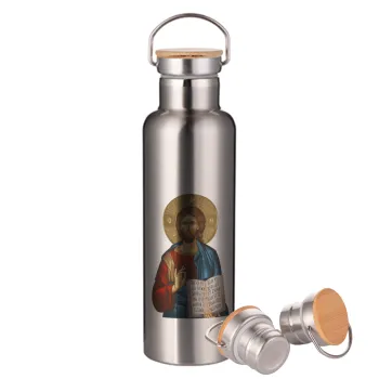 Ιησούς, Μεταλλικό παγούρι θερμός (Stainless steel) Ασημένιο με ξύλινο καπακι (bamboo), διπλού τοιχώματος, 750ml
