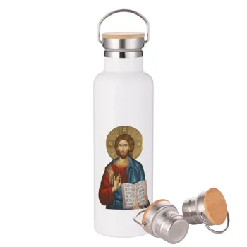 Ιησούς, Μεταλλικό παγούρι θερμός (Stainless steel) Λευκό με ξύλινο καπάκι (bamboo), διπλού τοιχώματος, 750ml
