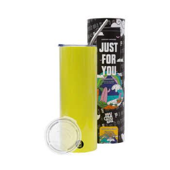 BLANK, Neon Yellow Travel Tumbler θερμό, μεταλλικό καλαμάκι(Ανωξείδωτο 304 Food grade, BPA free, 600ml)