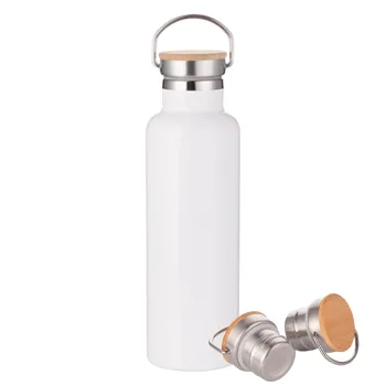 BLANK, Μεταλλικό παγούρι θερμός (Stainless steel) Λευκό με ξύλινο καπάκι (bamboo), διπλού τοιχώματος, 750ml
